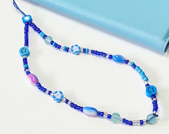 Blue beaded phone strap, Blue flower phone beaded bracelet, Blue smile face Phone jewelry, Handmade beaded phone string, Phone accessories