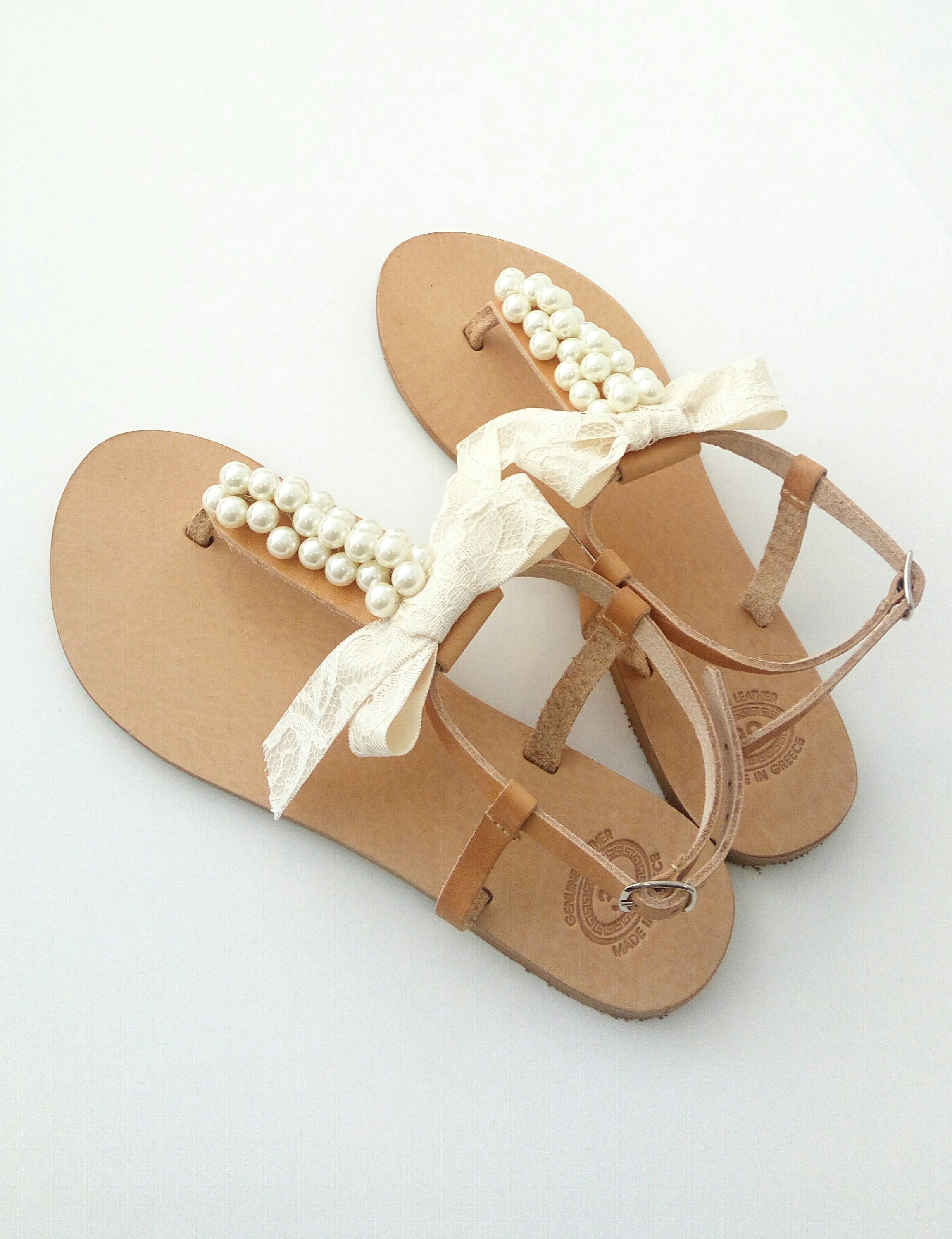 flat leather sandals with pearls