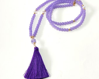 Purple long necklace with tassel, Beaded long purple necklace, Tassel necklace, Purple jewelry, Bohemian tassel necklace, Handmade necklace