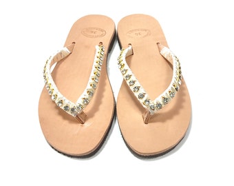 Wedding sandals with gold crystal rhinestone ivory satin ribbon, Greek leather flip flops-Summer sandals, Gold rhinestone decorated sandals