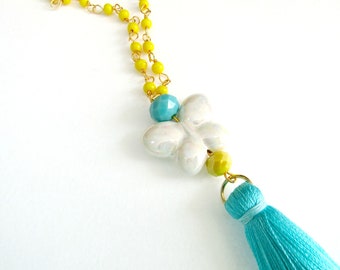 Long tassel necklace, Butterfly necklace, Yellow rosary tassel necklace, Boho necklace, Turquoise tassel, Summer necklace