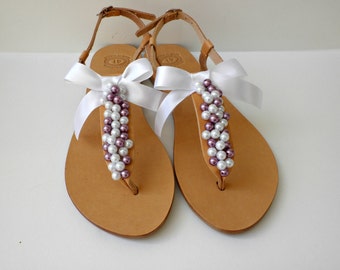 Wedding sandals- Greek leather sandals decorated mix white purple pearls and satin bow- Beach wedding -Bridal party- Bridesmaids sandals