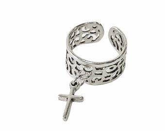 Religious cross ring, Silver cross ring, Chevalier charm ring, Adjustable cross ring, Protection cross ring, Anniversary ring, Gift for her