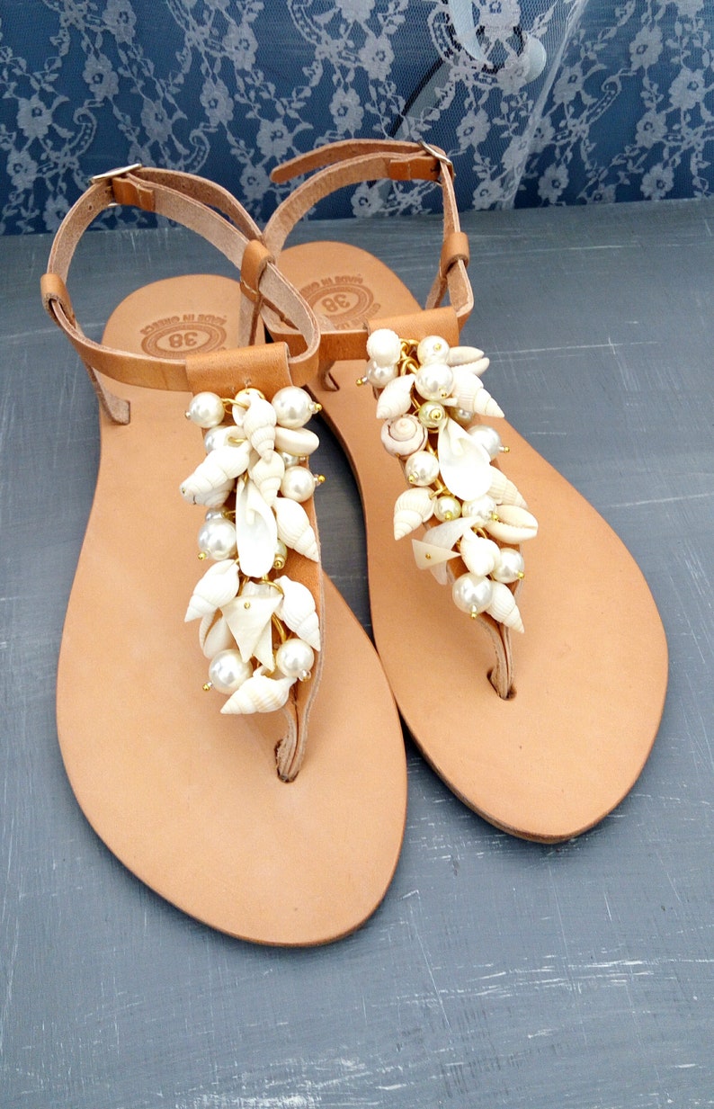 Beach wedding sandals Sea shell pearls sandals Cowrie | Etsy