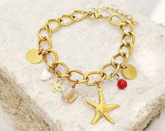 Handmade gold charm bracelet | Stainless steel chain, Starfish, Butterfly, Shell  Mother of Pearl Heart