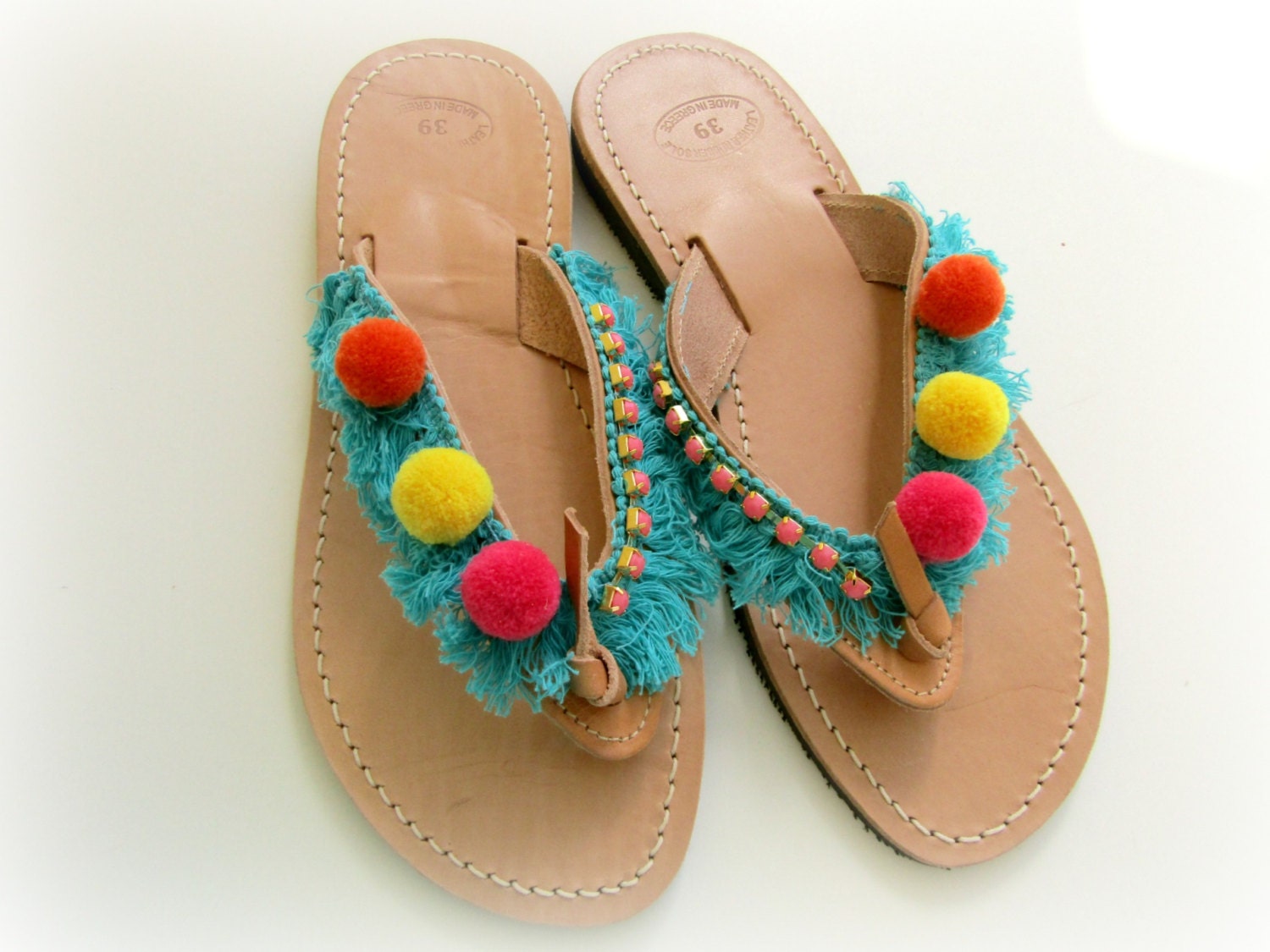 Pompom sandals, Boho greek sandals,Yellow pink orange hippie sandals ...