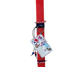 Greek easter red candle decorated with travel keychain, Orthodox Easter lambada, Greek Pascha red lambada, Traditional lampada for easter
