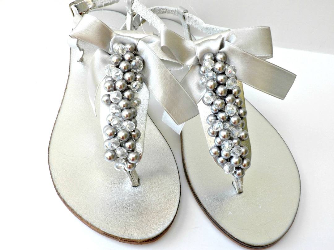 Silver Wedding Sandals/ Bridal Silver Pealrs Crystal Beads/ Etsy