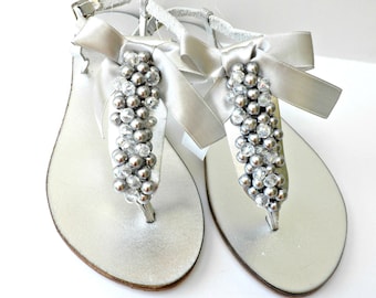 Silver Wedding sandals/ Bridal Silver pealrs crystal beads/ Greek leather sandals/ T strap leather sandals/ Bridal party/ Beach shoes