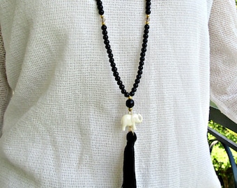 Black beaded necklace with elephant and tassel, Long tassel necklace, Bohemian jewelry, White elephant tassel necklace, Boho beaded necklace