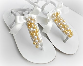 Beach wedding,White leather sandals with mix ivory yellow gold pearls and satin bow, Greek leather sandals, Bridal shoes, Bridesmaid flats