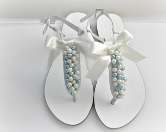 Wedding white Greek leather sandals, White sandals decorated with mix ivory and blue  pearls ivory satin bow, Bridals shoes,Beach wedding