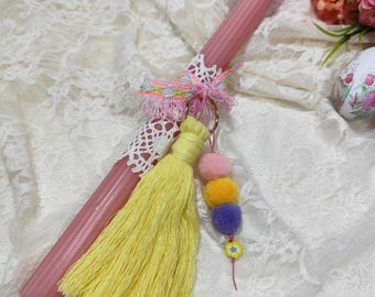 Boho Easter candle, Greek Orthodox easter lampada, Pink lambada with yellow tassel keychain and pompom, Traditional Greek Pascha lampada
