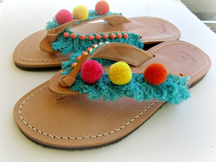 Pompom sandals, Boho greek sandals,Yellow pink orange hippie sandals ...