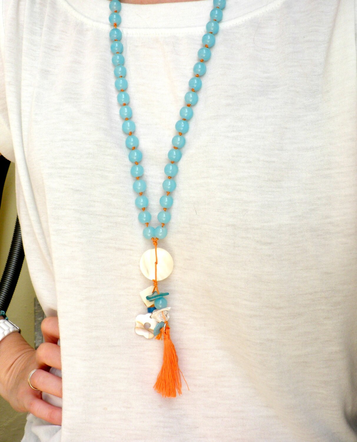 Long tassel necklace Beaded necklace Summer necklace Blue beaded