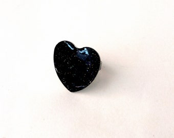 Black ring, Heart ring, Black glitter ring, Adjustable ring, Silver tone heart ring, Anniversary gift, Elegant heart ring, Black resin ring