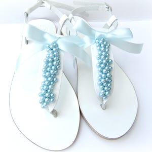 Wedding sandals/ White greek leather sandals with blue pearls Pearls sandals/ Bridal party/ Bridesmaid flats/ Summer shoes/ Bridal party