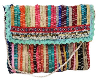 Τσάντα κουρελού με τυρκουάζ τρέσα / Hippie kilimi multicolor bag