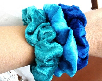 Blue Velour Scrunchies Set, Handmade Hair Accessories