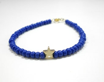 Tiny gold star blue beaded bracelet, Gold star beaded bracelet, Gold star bracelet, Blue beaded charm bracelet, Pink beaded star bracelet