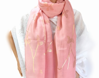 Pink long scarf with gold leaves, Luxury women scarf, Luxury Scarves, Fashion Trends, Elegant Pink scarf with metallic leaves, Unique Gift