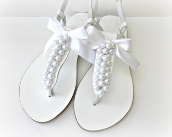 White wedding sandals with white pearls and bow, Pearl sandals, Beach wedding shoes, Bridal shoes, Bridesmaid flats, Bridal party shoes