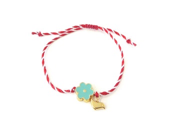 Red and white string with turquoise enamel flower and evil eye bracelet, Flower March bracelet, Spring bracelet with bird, Greek Martis