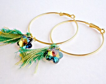 Gold hoop earrings Green flower hoop earrings Spring earrings Flower earrings Large earrings Gift for her Gold hoop green silk ribbon