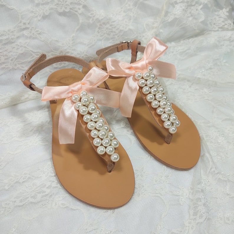 Wedding sandals, Greek leather sandals decorated with ivory pearls and peach satin bow, Bridal party shoes, Pears flats, Bridesmaid sandals image 9