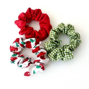 Red scrunchies, Green scrunchies, Retro hair ties accessories, Cherry scrunchies, Handmade scrunchies, Summer scrunchies, Gift for her