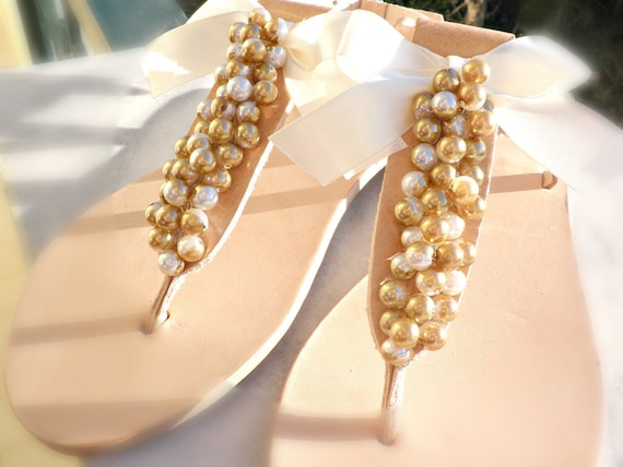 Sandalias de boda Perlas sandalias Perlas de oro y sandalias de