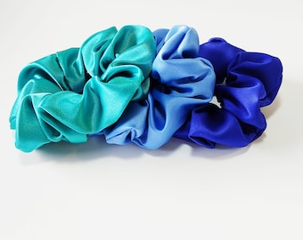 Blue satin scrunchies, Satin scrunchies, Hair accessories, Set 3 blue scrunchies, Light blue scrunchy, Gift for her, Hair ties