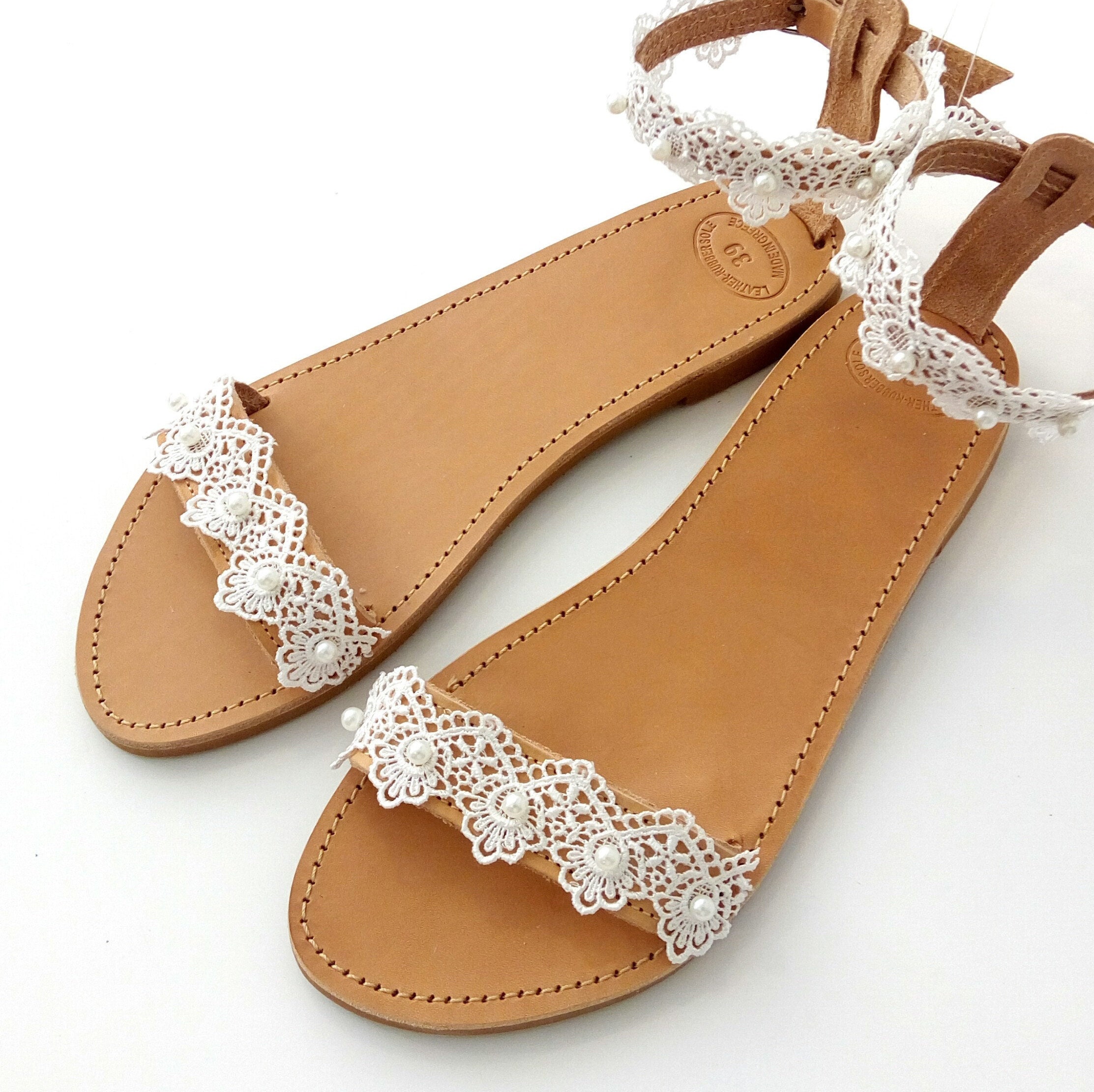 Wedding sandals, Bridal White lace sandals Greek leather sandals Beach