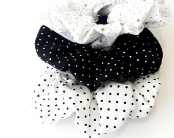 Set scrunchies Black and white polka dot scrunchies, Handmade cotton scrunchies, Polka dots and stars scrunchies, Hair fashion accessories