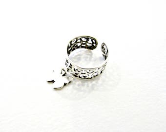 Filigree silver ring with butterfly, Band ring, Butterfly ring, Chevalier ring, Open ring, Adjustable base ring, Valentines gift ring