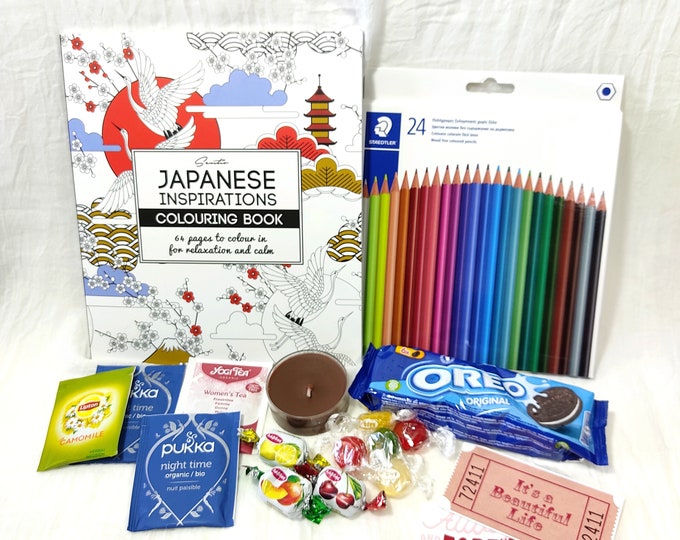 Livre de coloriage japonais, boîte-cadeau de coloration anti-stress, cadeau de pleine conscience créative, paquet de soins personnels apaisants, idée cadeau d'art