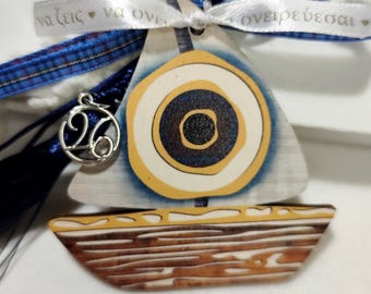 Greek gouri 2026 Wooden boat with evil eye ornament, New year 2026 ornament, Home decor gift,