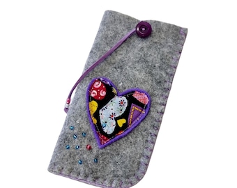 Handmade grey felt glasses case with fabric heart