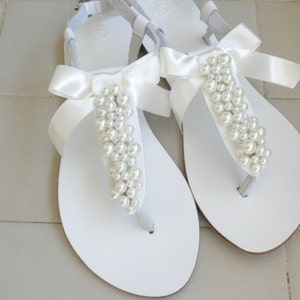 Wedding white sandals with ivory pearls and satin bow, White Greek sandals with ivory pearls, Bridal white flats /Bridesmaid shoes image 5