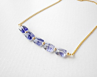 Blue bar necklace - Blue beaded bar necklace -Gold chain necklace -Glass navy blue necklace -Summer minimalist necklace -Ocean blue necklace