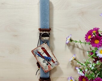 Grey scented Easter candle with vintage keychain airplane, Orthodox Easter gift for him Greek Pascha lambada, Traditional lambada for easter