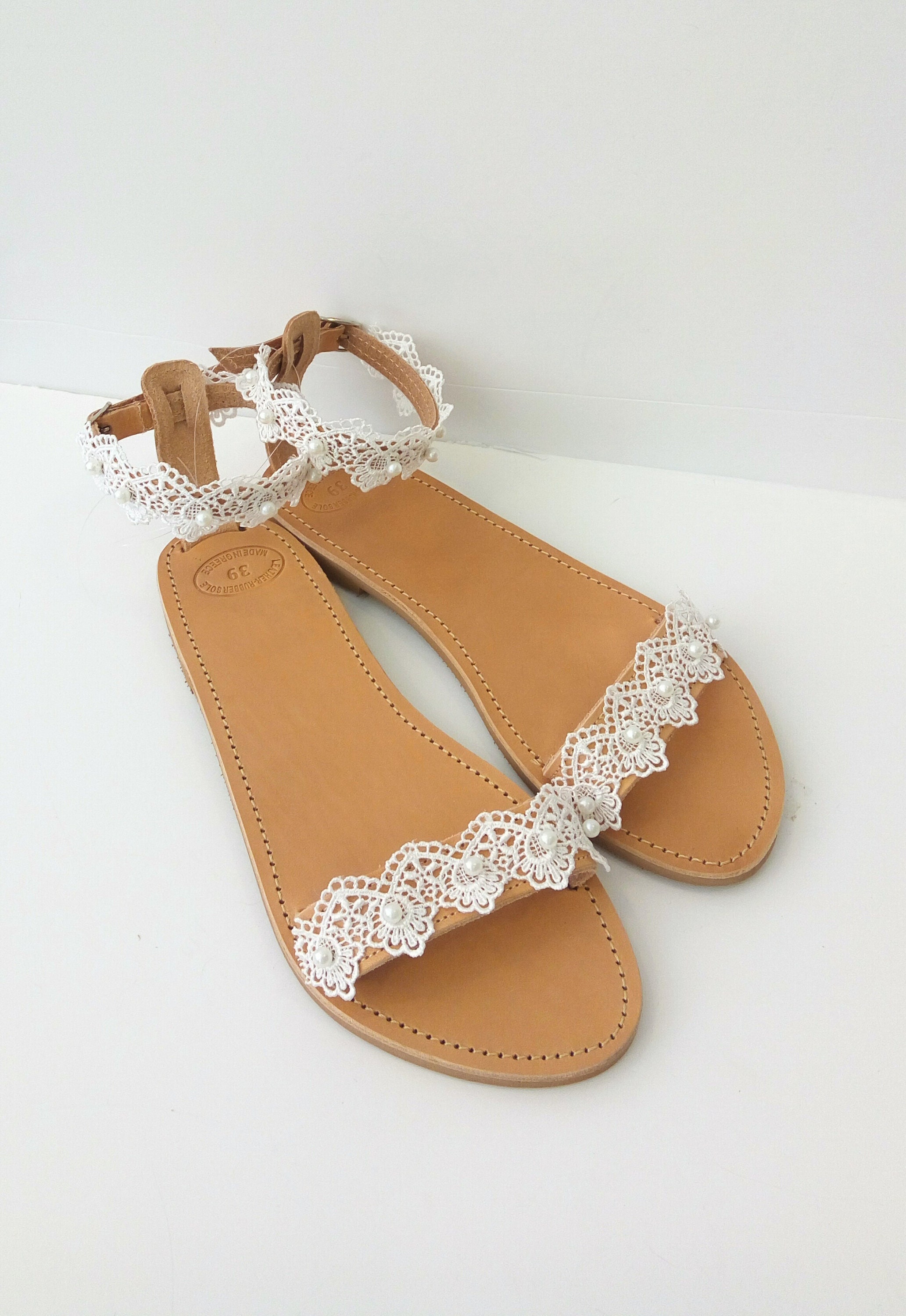 Wedding sandals, Bridal White lace sandals Greek leather sandals Beach ...