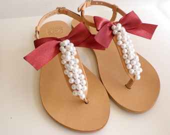 Wedding sandals- Greek leather sandals decorated with white pearls and red satin bow- Bridal party- White women flats- Bridesmaid sandals