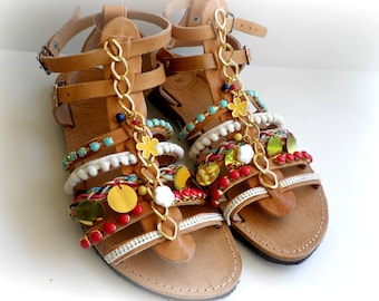 Pom pom sandals -Gladiator Greek leather sandals - Boho chic decorated sandals - Beach shoes - Spartan sandals - Women summer shoes