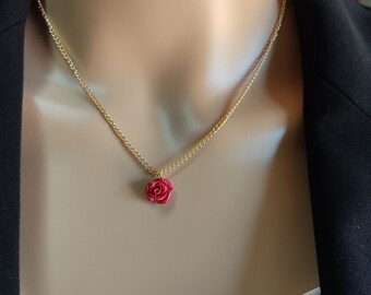 Red rose necklace, Gold steel chain necklace, Flower jewelry, Bridal necklace, Valentine's day gift, Minimalist necklace, Layering jewelry