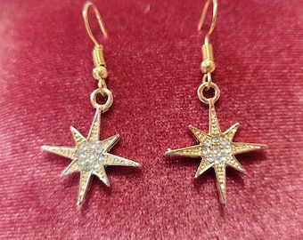 Gold rhinestone star dangle earrings, Celestial earrings, Star jewelry Luxury earrings gift for her, Bling earrings Christmas jewelry gift