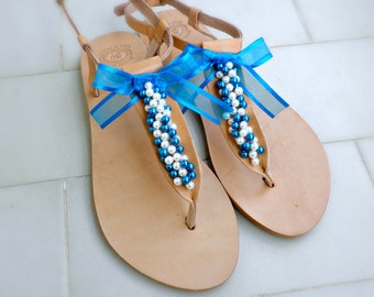 Wedding shoes- Bridal flats- Bridesmaids sandals- Blue white pearls decorated sandals - Beach wear -Something blue- Summer sandals