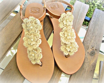 Bridal sandals / Wedding sandals / Ivory flower lace decorated sandals /Greek sandals / Summer Ivory flats / Bridal party / Beach wedding