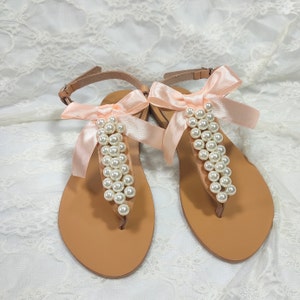 Wedding sandals, Greek leather sandals decorated with ivory pearls and peach satin bow, Bridal party shoes, Pears flats, Bridesmaid sandals image 2