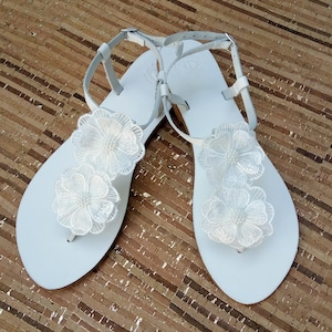 Wedding white sandals, Greek leather sandals, White decorated lace flowers sandals, Bridal shoes, Summer wedding shoes, Beach party sandals